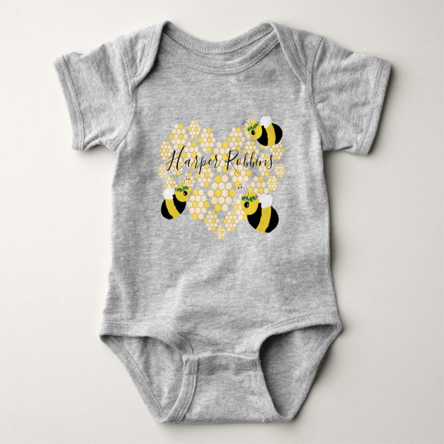 Cute Baby Honey Bee Honeycomb Heart with Name Bodysuit (Front)