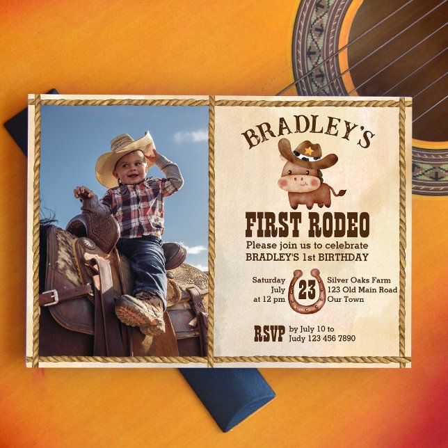 Cute baby horse first rodeo photo birthday  invitation (Creator Uploaded)
