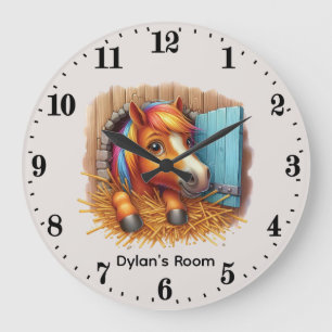 Cute baby horse nursery add name large clock