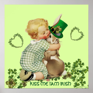 CUTE BABY HUGGING RABBIT Irish St. Patrick's Day Poster