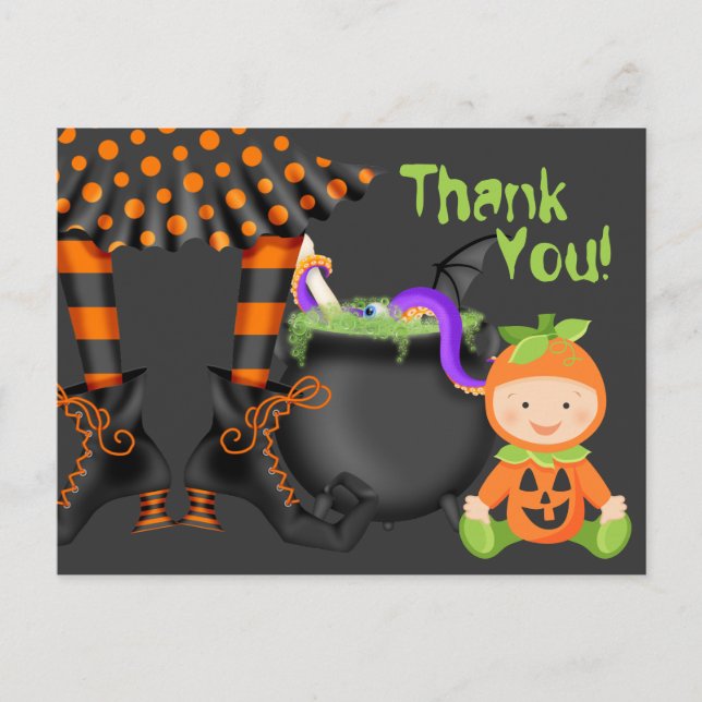 Cute Baby in Pumpkin Costume Halloween Thank You Postcard (Front)