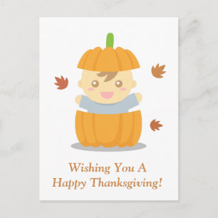 Cute Baby in Pumpkin, First Happy Thanksgiving Holiday Postcard