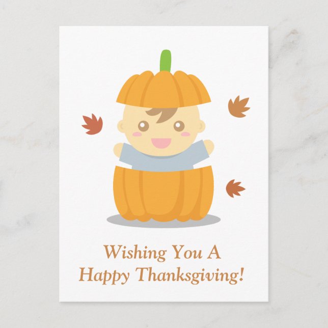 Cute Baby in Pumpkin, First Happy Thanksgiving Holiday Postcard (Front)