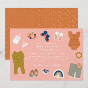 Cute Baby Items Illustrated Pink Baby Shower Invitation
