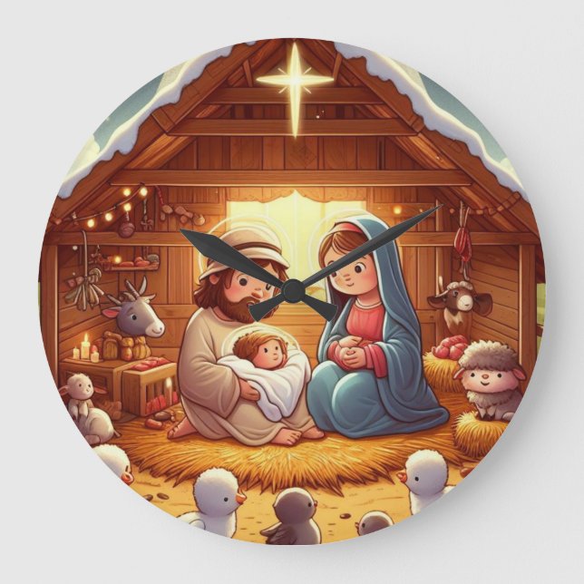 Cute Baby Jesus Christmas Nativity Large Clock (Front)