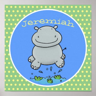 Cute baby jumping hippo cartoon illustration poster