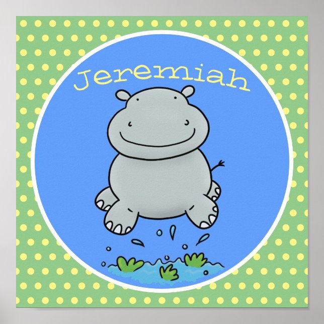 Cute baby jumping hippo cartoon illustration poster (Front)