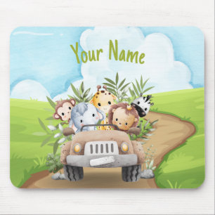 Cute Baby Jungle Animals Safari Truck Personalised Mouse Pad