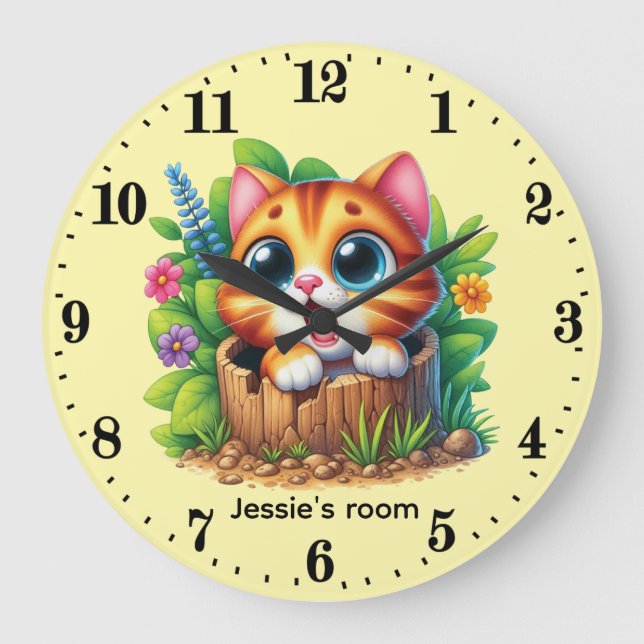 Cute baby kitten add name nursery large clock (Front)