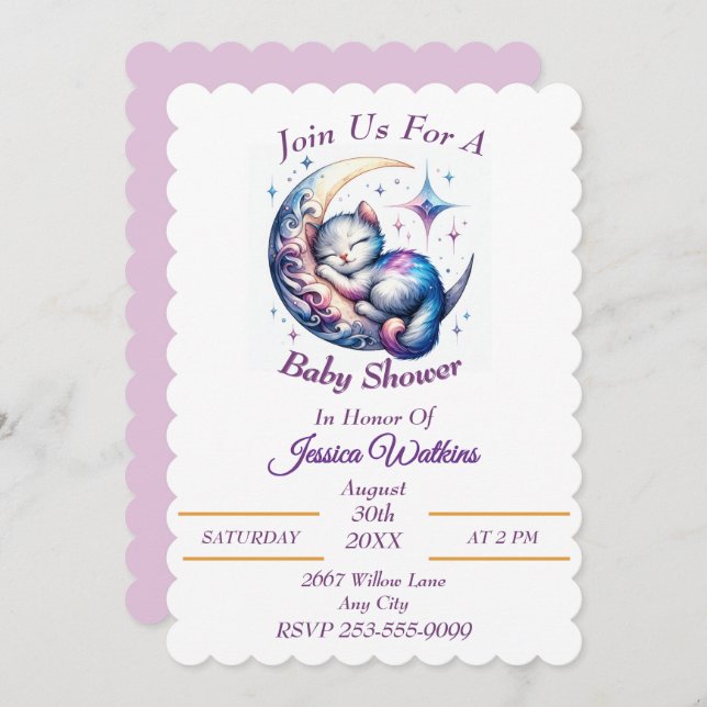 Cute Baby Kitten Sleeping on a Half Moon Invitation (Front/Back)