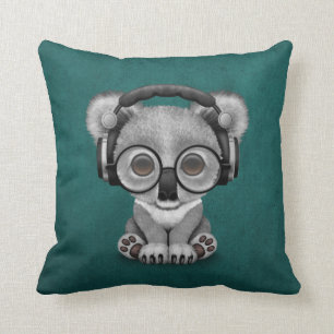 Cute Baby Koala Bear Dj Wearing Headphones on Blue Cushion