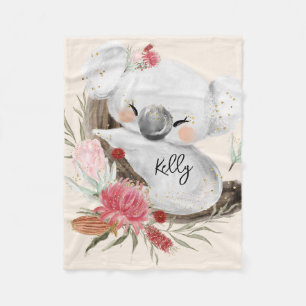Cute Baby Koala Gold Speckle Custom Name Fleece Blanket
