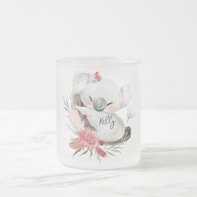 Cute Baby Koala Gold Speckle Custom Name           Frosted Glass Coffee Mug (Center)