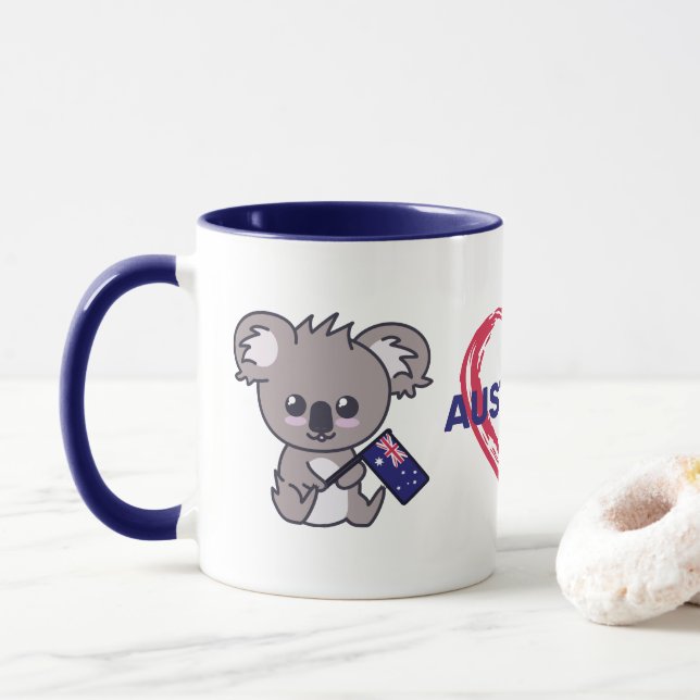 Cute baby koala holding Aussie flag & heart Coffee Mug (With Donut)