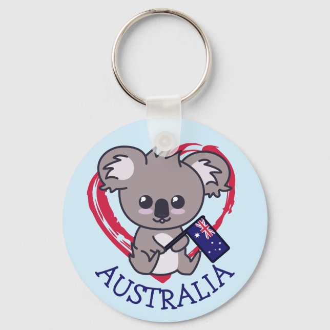 Cute baby koala holding Aussie flag & heart Key Ring (Front)