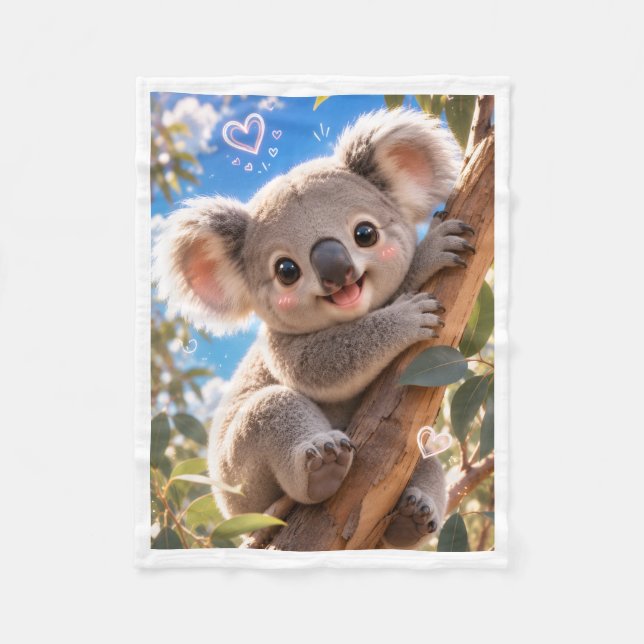 Cute Baby Koala on Eucalyptus Tree Fleece Blanket (Front)