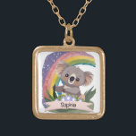 Cute Baby Koala Rainbow Custom Name Gold Plated Necklace<br><div class="desc">This delightful design features an adorable baby koala amidst a vibrant rainbow backdrop, creating a whimsical and heartwarming atmosphere. Perfect for nurseries, playrooms, or any space where you want to infuse a sense of wonder. The joyful and diverse colour palette not only adds a burst of happiness but also symbolises...</div>