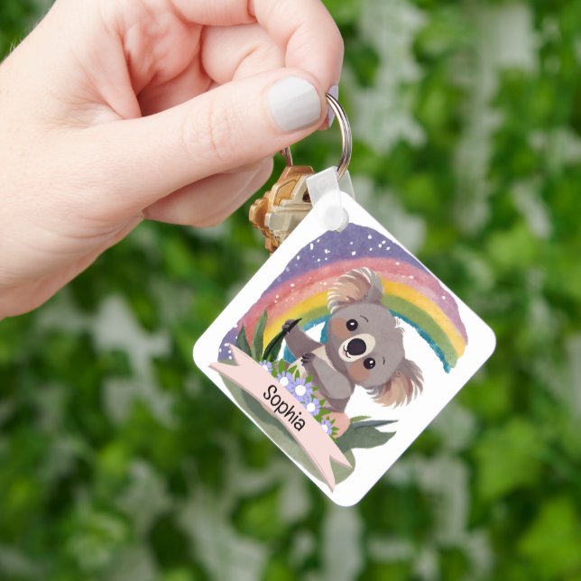 Cute Baby Koala Rainbow Custom Name Key Ring (Hand)