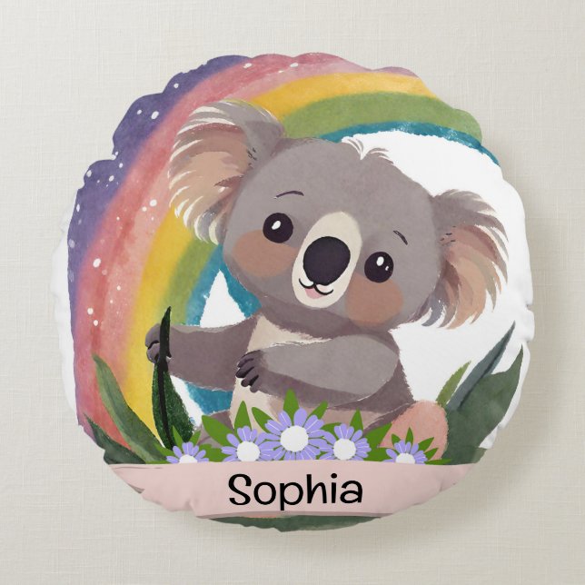 Cute Baby Koala Rainbow Custom Name Round Cushion (Front)