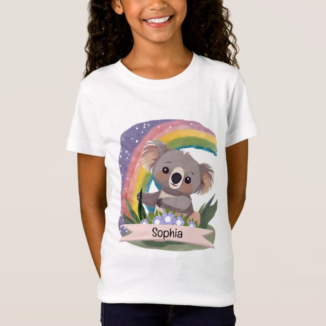Cute Baby Koala Rainbow Custom Name T-Shirt (Front)