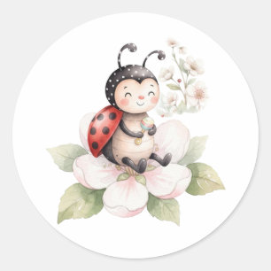 Cute Baby Ladybug sitting on Flowers Classic Round Sticker