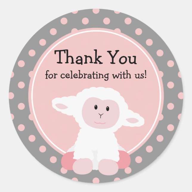 Cute Baby Lamb and Polka Dots Thank You Classic Round Sticker (Front)