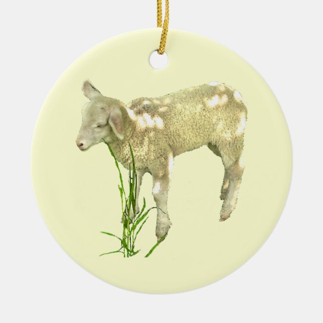 Cute Baby Lamb Eating Grass on Yellow Ornament (Front)
