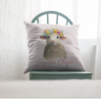 Cute Baby Lamb Farm Animal Watercolor Personalise Cushion