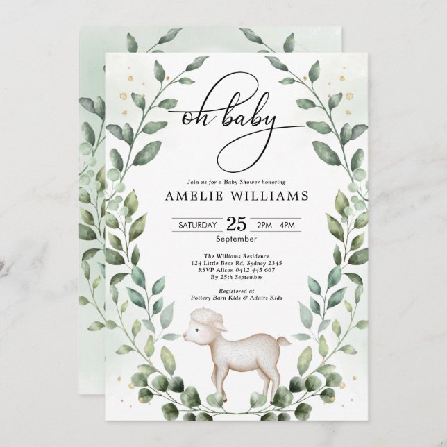 Cute Baby Lamb Greenery Wreath Neutral Shower Invitation (Front/Back)