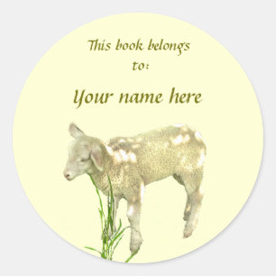 Cute Baby Lamb on Yellow Bookplate Classic Round Sticker