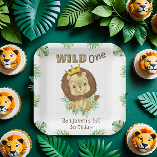 Cute Baby Lion 1st Birthday Theme Watercolor Paper Plate