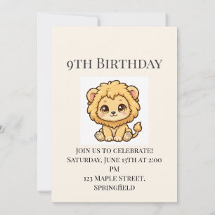 Cute Baby Lion 9th Birthday Invitation