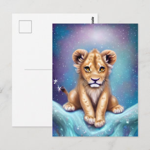 Cute Baby Lion Cub Snowy Background Postcard