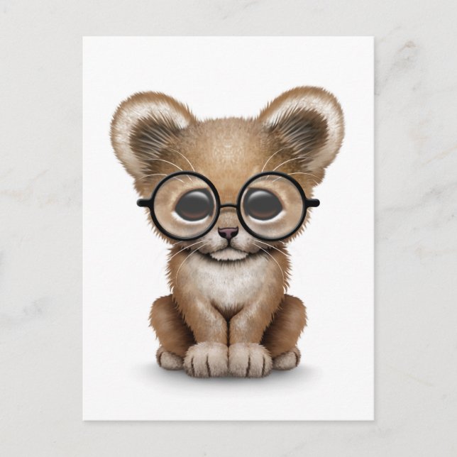 Cute Baby Lion Cub Wearing Glasses on White Postcard (Front)