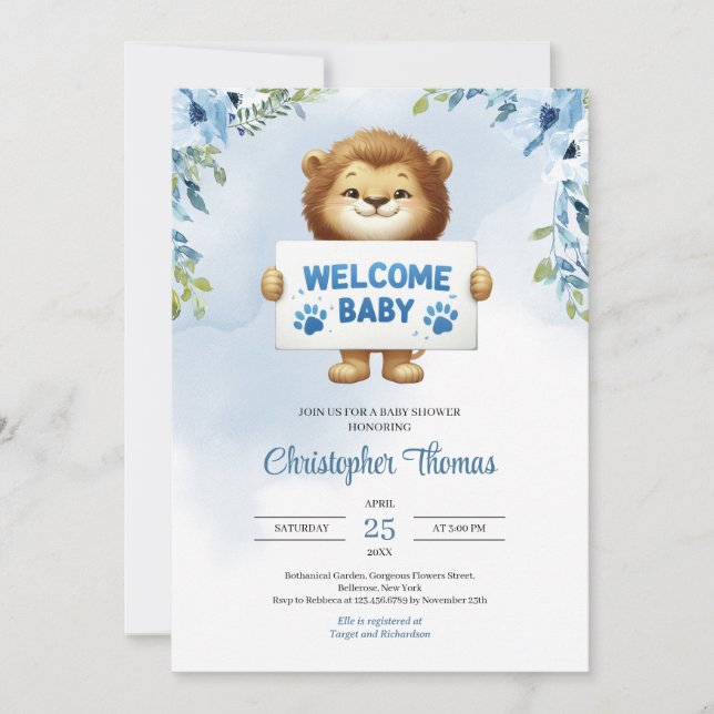 Cute baby lion holding Welcome baby sign floral Invitation (Front)