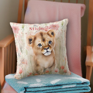 Cute Baby Lion Pastel Watercolor Spring Flowers Cushion
