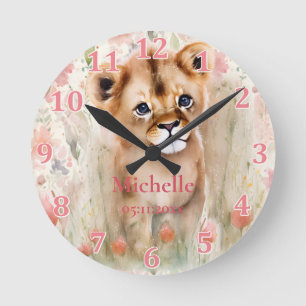 Cute Baby Lion Pastel Watercolor Spring Flowers La Round Clock