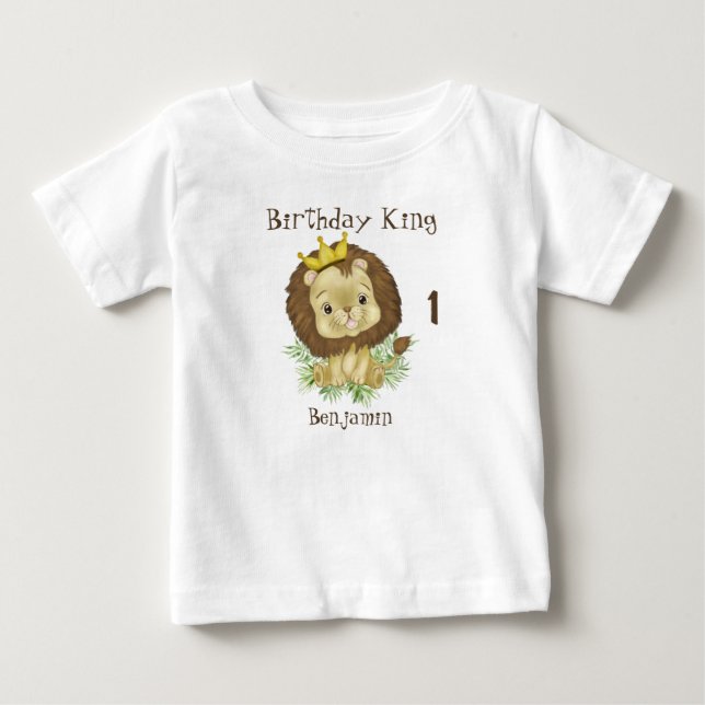 Cute Baby Lion Watercolor Theme Birthday King T-Shirt (Front)