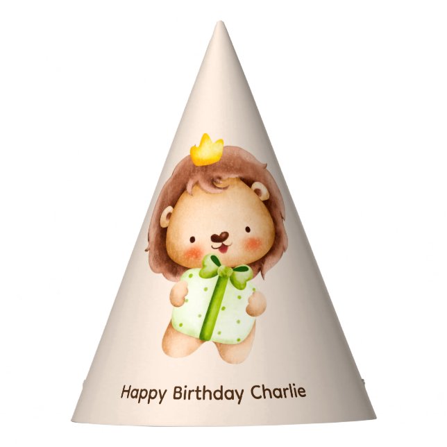 Cute Baby Lion with gift, Birthday Party Hat (Front)