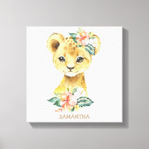 Cute baby lion with tropical flowers personalised canvas print