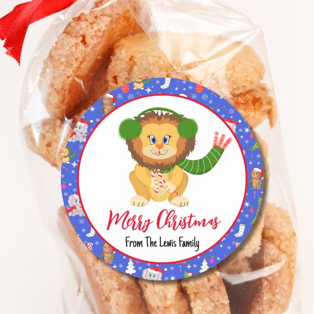 Cute Baby Lion With Zoo Merry Christmas  Classic Round Sticker (Creator Uploaded)