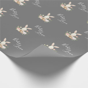 Cute Baby Love Script Grey Bunny Rabbit Shower Wrapping Paper