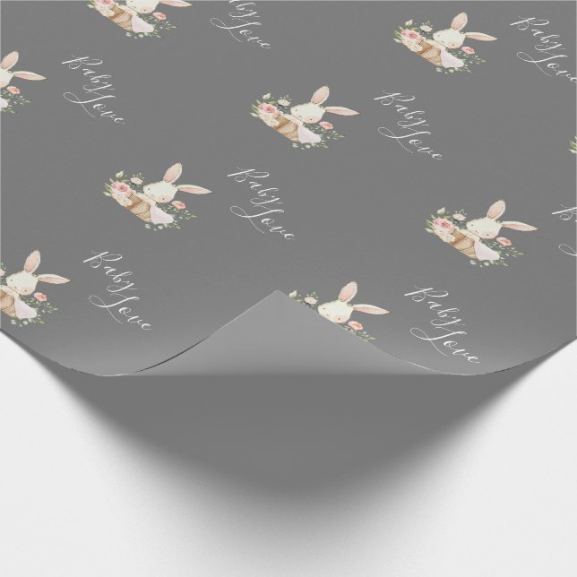 Cute Baby Love Script Grey Bunny Rabbit Shower Wrapping Paper (Corner)
