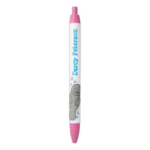 Cute baby manatee cartoon illustration black ink pen