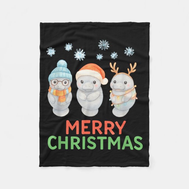Cute Baby Manatee Santa Reindeer Christmas Manatee Fleece Blanket (Front)