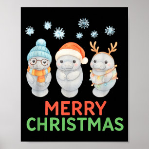 Cute Baby Manatee Santa Reindeer Christmas Manatee Poster