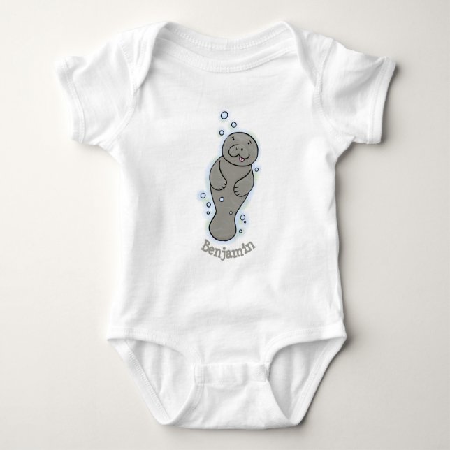 Cute baby manatee with bubbles illustration baby bodysuit (Front)