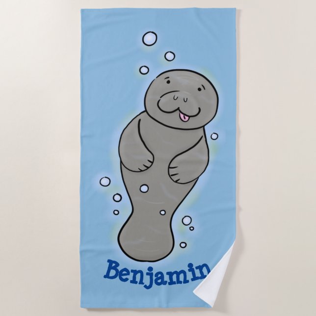 Cute baby manatee with bubbles illustration beach towel (Front)