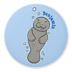 Cute baby manatee with bubbles illustration ceramic knob
