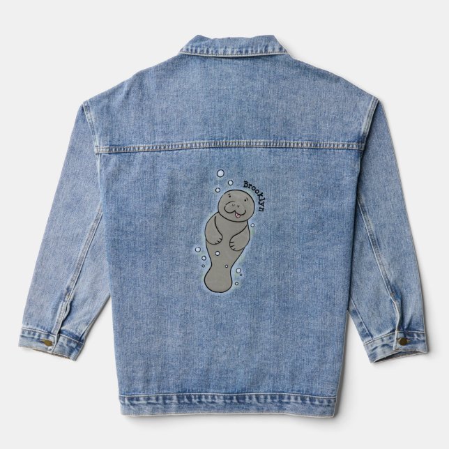 Cute baby manatee with bubbles illustration denim jacket (Back)